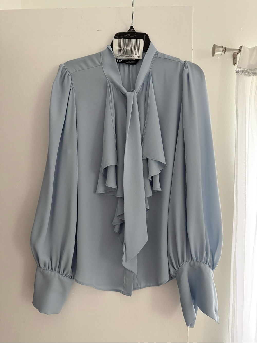 Zara Light Blue Ruffle Tie-Neck Blouse